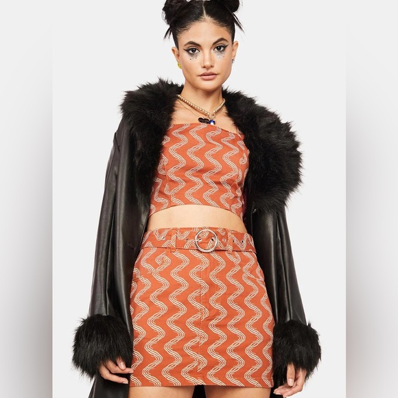 THE RAGGED PRIEST x Milk It Reach It Wiggle Print Mini Skirt Rust Beige US 6 - Picture 3 of 13